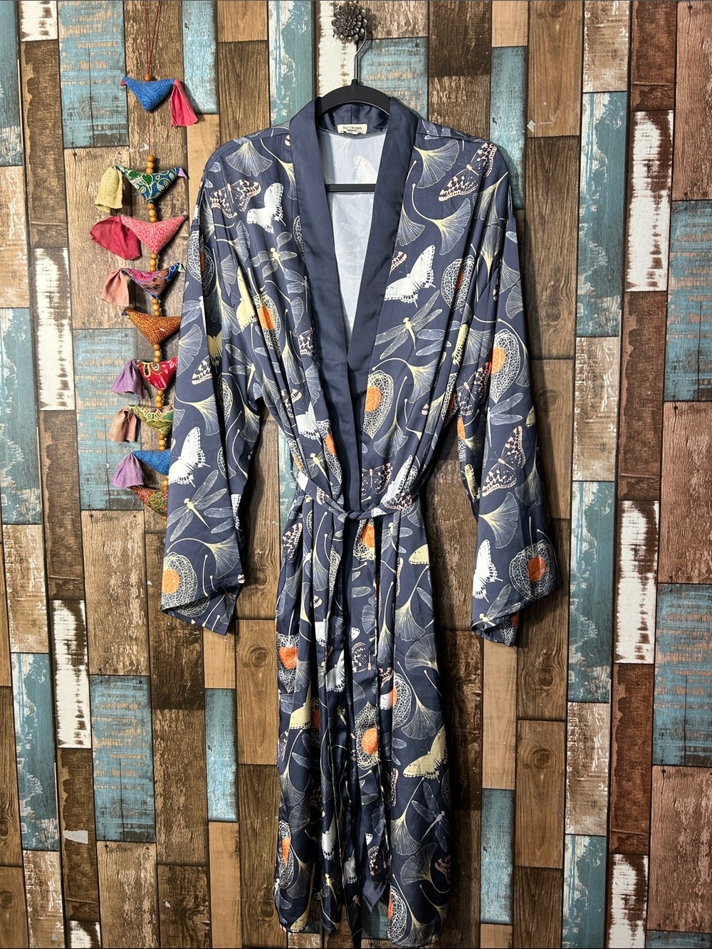 World Market Navy butterfly Floral Kimono Robe with Orange Details